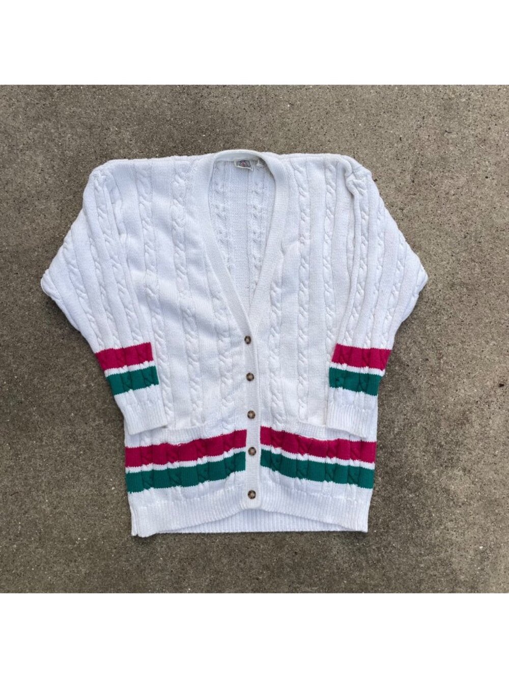 Vintage J G Hook Cable Knit Cardigan Striped White 100% Cotton S Coastal Grandma